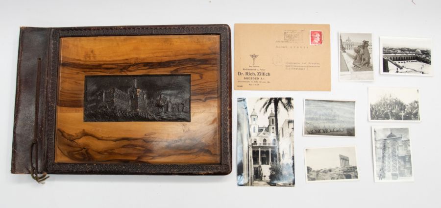 A Post WWII olive wood and tooled leather photo album, various views of Egyptian landmarks, taken by