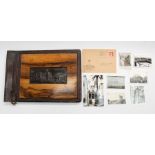 A Post WWII olive wood and tooled leather photo album, various views of Egyptian landmarks, taken by