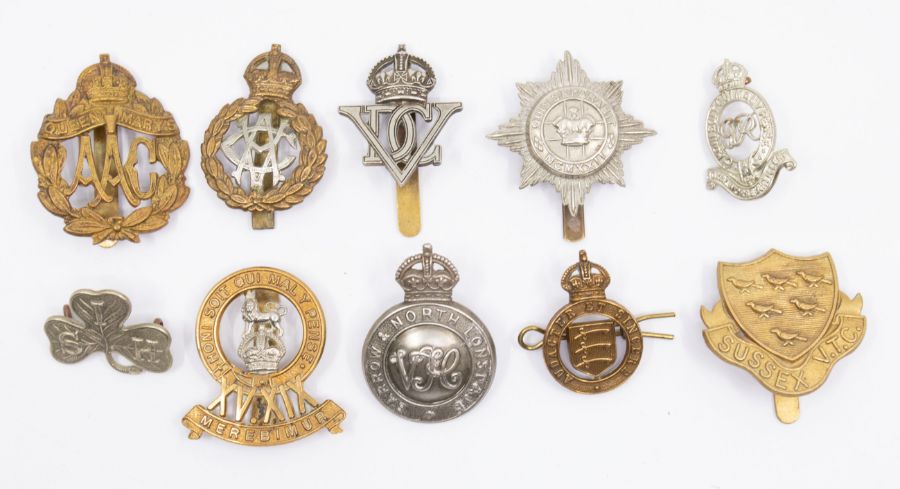 A selection of British Regimental cap badges including a 5th Royal Inniskilling Dragoon Guards white