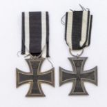 2 x First World War German Iron Cross 2nd Class Medals with ribbons. Both maker marked to suspension