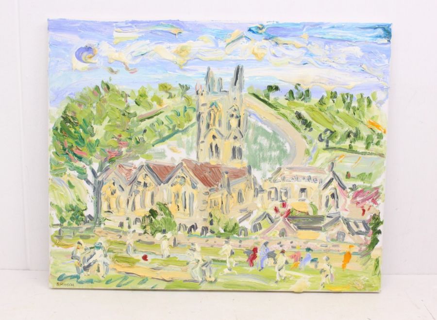 Cricket: An unframed oil on canvas, 'Cricket on the Mead, Norton St Philip', by Sean Hayden (1979-).