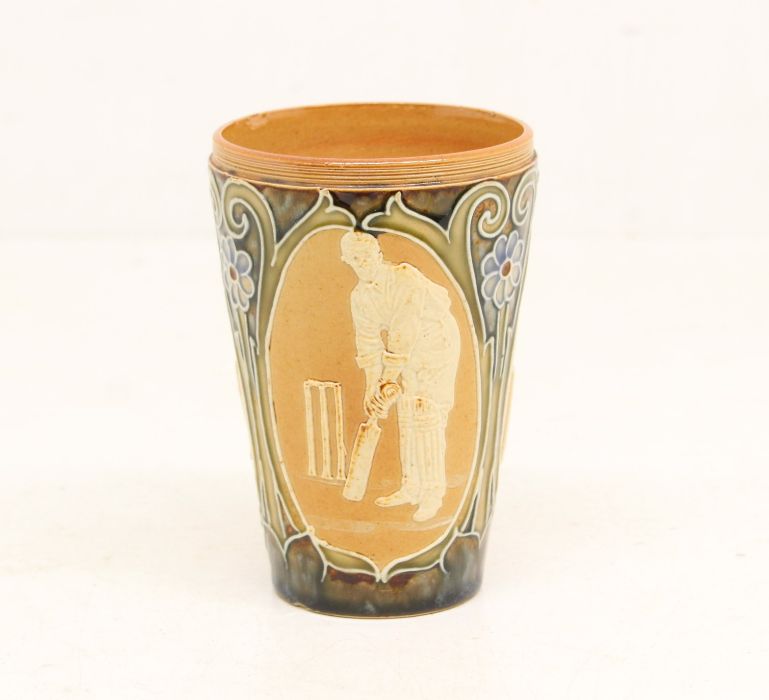 Cricket: A Doulton Lambeth, Art Nouveau Stoneware Beaker, Made by Doulton Lambeth, circa 1890s. A