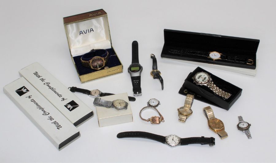 A box of fourteen wristwatches to include two sterling silver ladies watches, a Bravingtons Reknown