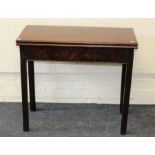 A George III mahogany supper table, the rectangular fold over top with single gate support, on inner