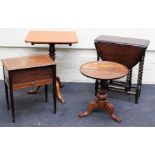 A small 1920's oak drop leaf gateleg table on barley twist supports, an Edwardian mahogany sewing