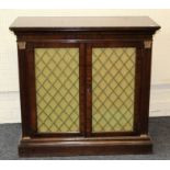 A reproduction Regency style mahogany chiffonier, the rectangular top over a pair of grilled doors
