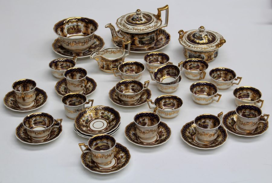 A mid 19th century Staffordshire tea and coffee service, comprising a tea pot, slop, lidded sugar