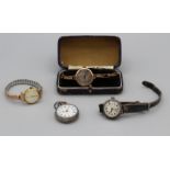 A selection of vintage watches comprising a 1920's 9ct gold wristwatch on a gilded expandable strap,