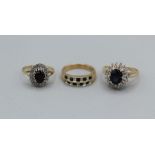 A group of three sapphire and diamond rings in 9ct gold, gross weight approximately 10.7gm