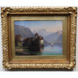 19th century Continental School View of Lake Lucerne, with Schloss to the near ground, sunlight