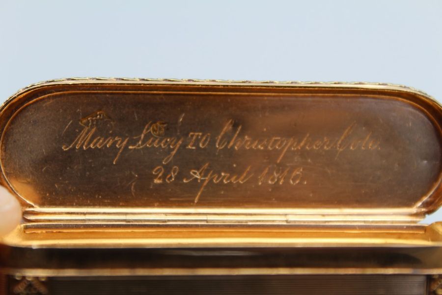 A gold snuff box with an inscription for Mary Lucy to Christopher Cole 28 April 1816, in a lozenge - Image 2 of 2