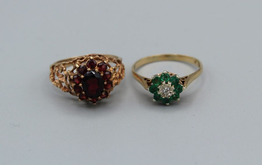 A 9ct gold emerald and diamond dress ring, approximate gross weight 2.4gm, plus a yellow metal and