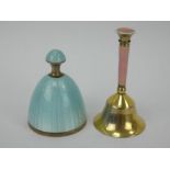 Sterling silver blue guilloche enamel table bell and a similar pink enamel bell