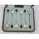 Cased set of six coffee bean silver coffee spoons, Sheffield 1916