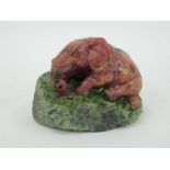 Ruby zoisite crystal matrix carving of an elephant on a rock - 9cm