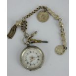 Antique silver Swiss fob watch with ornate albertina chain and charms