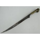 19th century brass hilted Balkan Yataghan dagger with chased blade