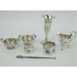 Mixed silver items including salts, vase, cream jug, button hook and napkin rings.
