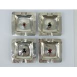 Set of 4 Art Deco silver and enamel bridge playing card ashtrays, hallmarked 1935