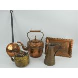 Two antique copper & brass kettles, a Sankey & Sons copper jug, tray & chestnut pan