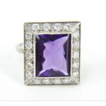 Art Deco platinum emerald cut amethyst and diamond cocktail ring