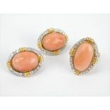 14ct gold coral and diamond cocktail ring and earring set