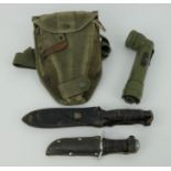 US Army Gerber fighting knife, Italian airman's knife, US Army shovel and flashlight