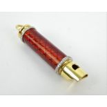 Asprey & Co 18ct gold and diamond whistle with red guilloche enamel body.