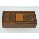 Edwardian Tunbridge Ware triple stamp box with inset penny stamp