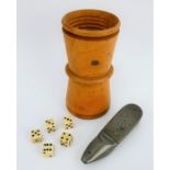 A Georgian pewter shoe snuff box and a treen dice shaker with 5 bone dice