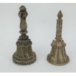 Two filigree work silver table bells, tallest 12cm