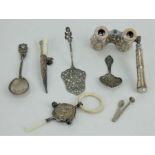 Mixed collectable silver including a Little Jack Horner rattle & MOP opera glasses