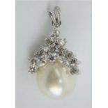 18ct white gold diamond set natural pearl drop pendant - 3cm