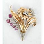 A vintage 18ct rose gold, diamond and ruby floral bouquet brooch