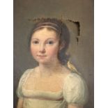 An early 19th cent  oil on canvas portrait of a girl, initialed lower left, 21.7 x 16.4cm,