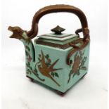 A late Victorian Aesthetic cube teapot, light green ground with birds including golden crane