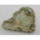 A carved mottled jade leaf-shaped brush washer, 11.5cm long