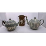 Three late nineteenth century sprig moulded wares, c. 1880. To include a Dudson jug decorated with