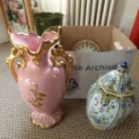 Box of ceramics to include a large C1900 pink vase,37cm high, lot to include plates and vases,