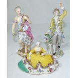 A late 19th century Meissen figure of a lady with a flower garland , and 2 other continental figures
