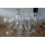 large qty of glass ware to include stemmed drinking vessels, a decanter and large glass vases ( 3