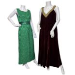 4 1960s dresses to include a crimson velvet evening muumuu with jewel encrusted yoke, a kelly