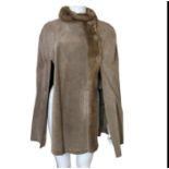 1970s riding cape in a warm mushroom suede with mink trim and internal belt by Canadian Furs of