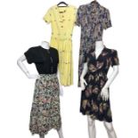 four great quality 1940s dresses to include a hand embroidered linen dress in yellow, a rayon jersey