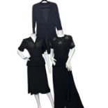 A 1940s studded dress with half peplum, a 1940s evening gown in black crepe with beaded bodice and