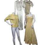 A 1930s/40s  wedding dress with sequined tulle yoke, a cream 1930s evening gown or wedding dress