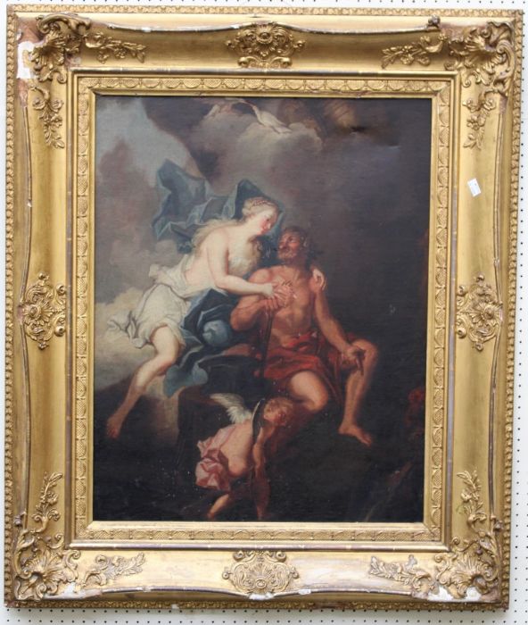 19th century Continental School, Aphrodite and Adonis. Oil on canvas, 76 x 60cm. in scallop