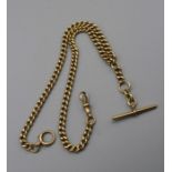 An 18 carat gold doublle Albert with T bar and individually marked chain links. Gross weight 56gm,