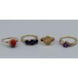 A collection of four 9ct gold rings comprising an amethyst and diamond ring, size S, a diamond set