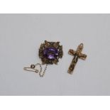 A yellow metal filigree work brooch set with Amethyst, 14 gm approximately, along with a 9ct gold